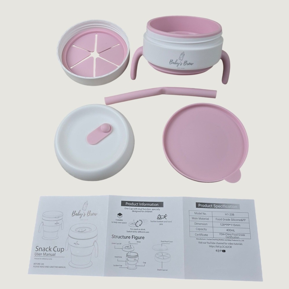 Baby's Brew 2-in-1 Snack Cup‎ Sippy Cup Pink Collapsible Silicone NEW